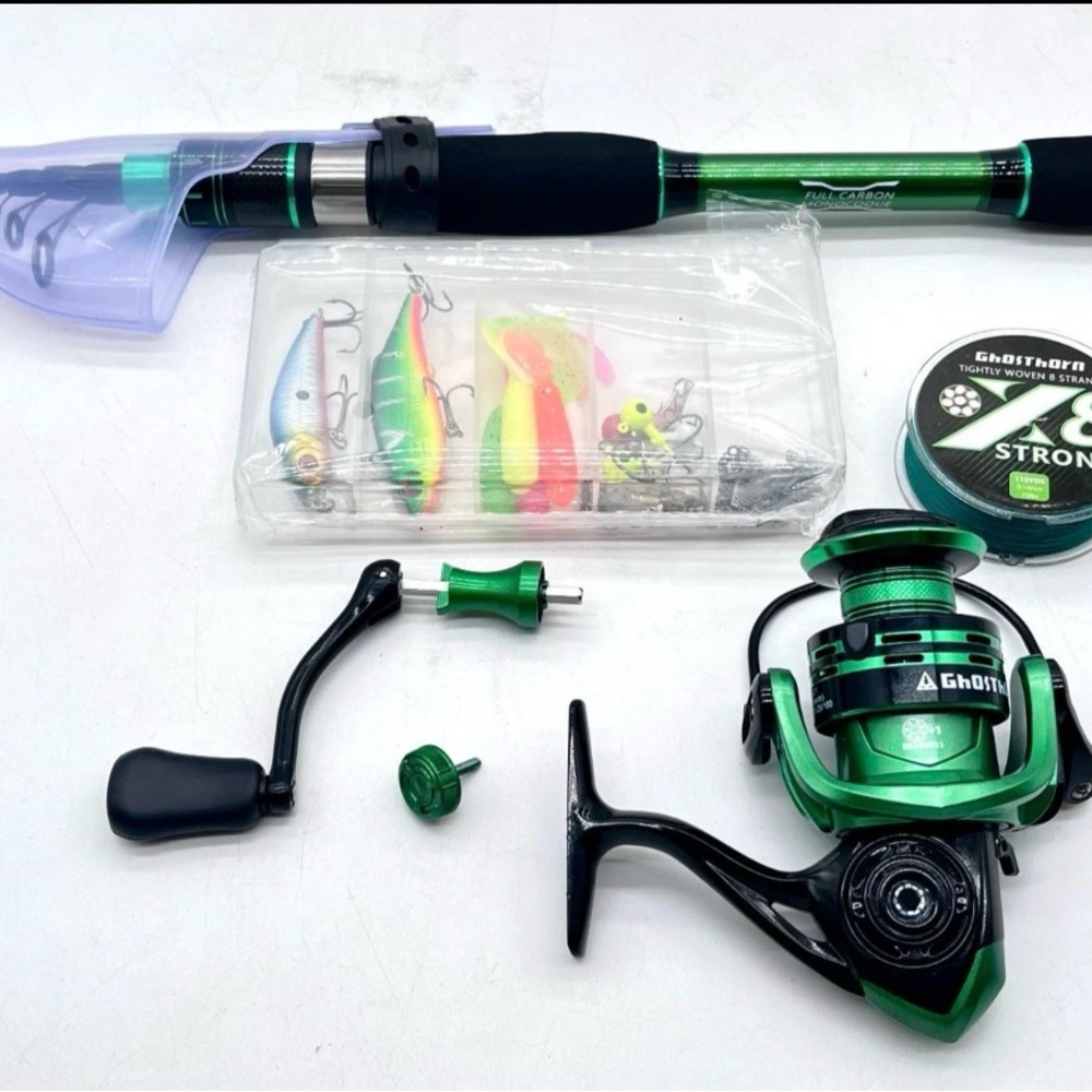 Green Fishing Rod and Reel Set with Accessories ( New full )
